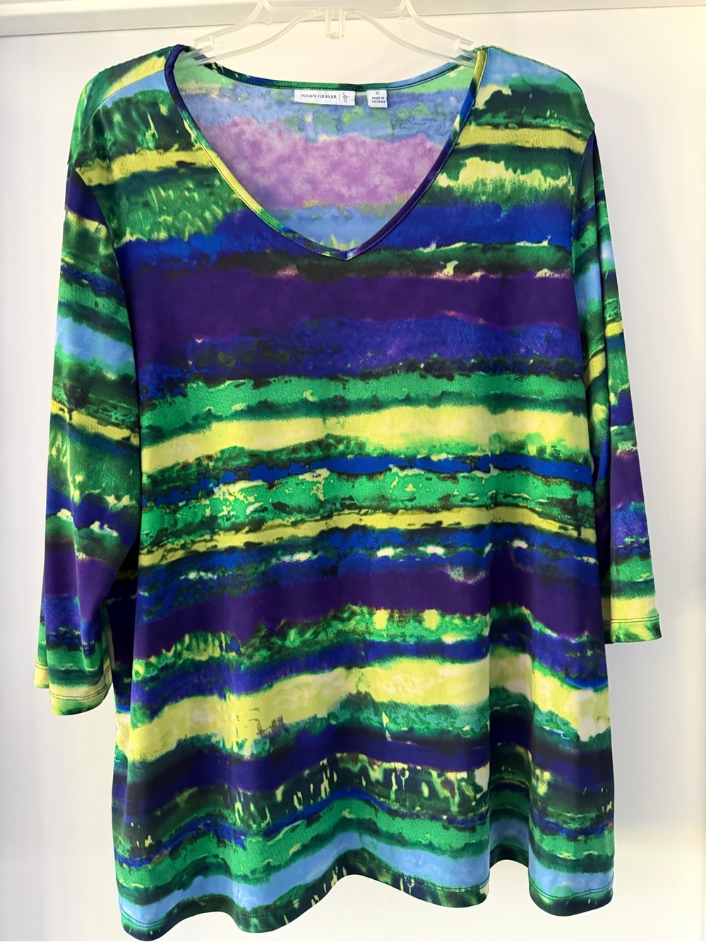Susan Graver V-Neck Long Sleeve Top - Green, Purple, Blue, Yellow